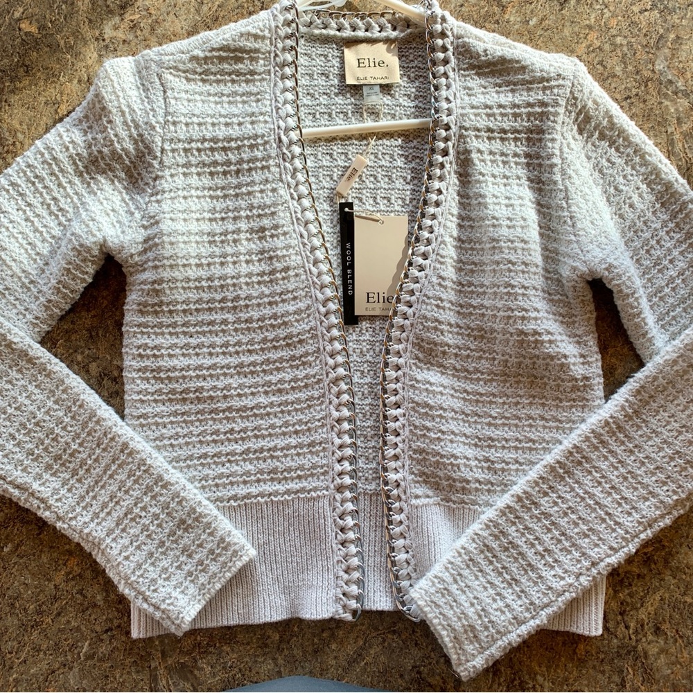 Elie Tahari Cream Cardigan with Silver Chain Trim Open Front Cardigan NWT Sz XS - Picture 7 of 8